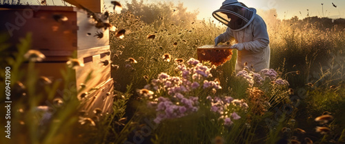 Foto Man beekeeper, wearing protective suit, looking happy, sun lit meadow with flying bees around