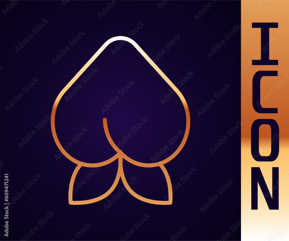 Gold line Peach fruit or nectarine with leaf icon isolated on black background. Vector Gold line Peach fruit or nectarine with leaf icon isolated on black background. Vector