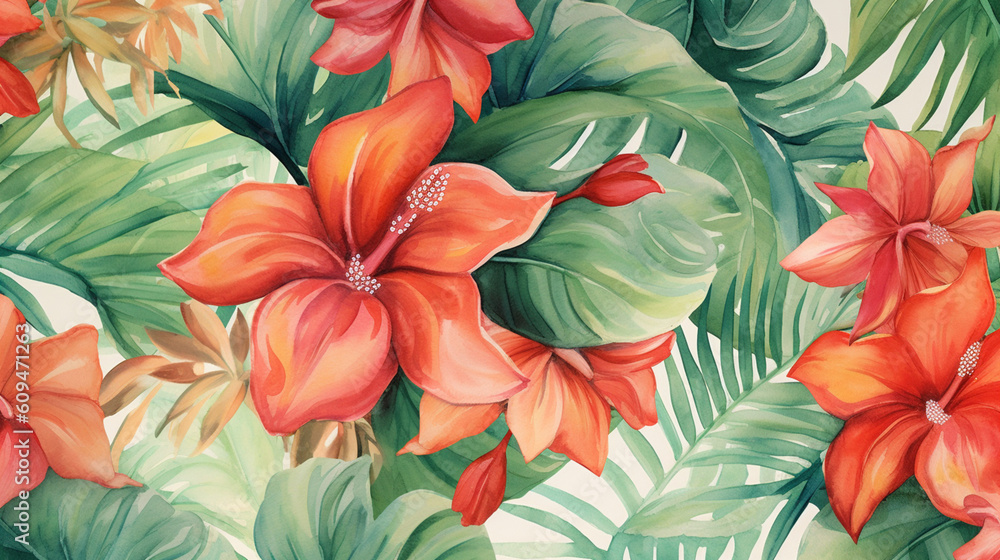 Background of leaves and flowers in watercolor. IA generative. Background of leaves and flowers in watercolor. IA generative.