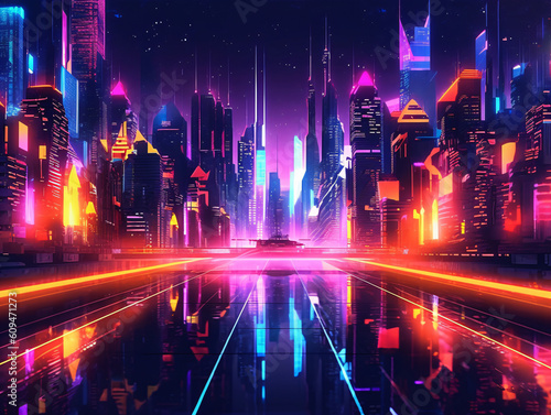 Futuristic city at night with neon lights.