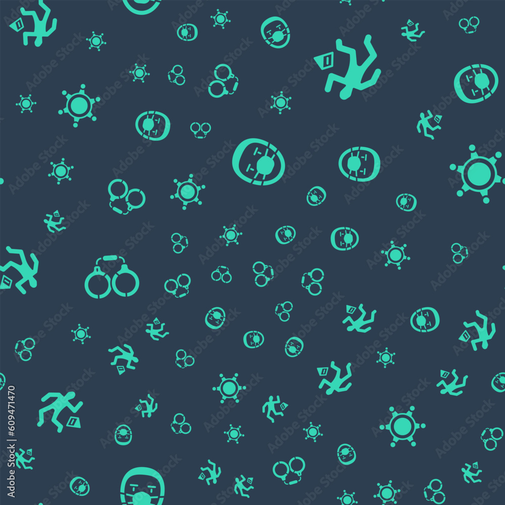 Set Doctor pathologist, Crime scene, Handcuffs and Hexagram sheriff on seamless pattern. Vector Set Doctor pathologist, Crime scene, Handcuffs and Hexagram sheriff on seamless pattern. Vector