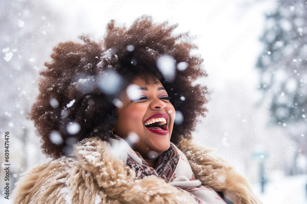 Young afro american woman enjoying winter snowflakes in a joyful outdoor moment. Generative AI Young afro american woman enjoying winter snowflakes in a joyful outdoor moment. Generative AI