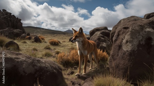 Ethiopian Wolf's Vigilant Hunt in the Bale Mountains © VisualMarketplace