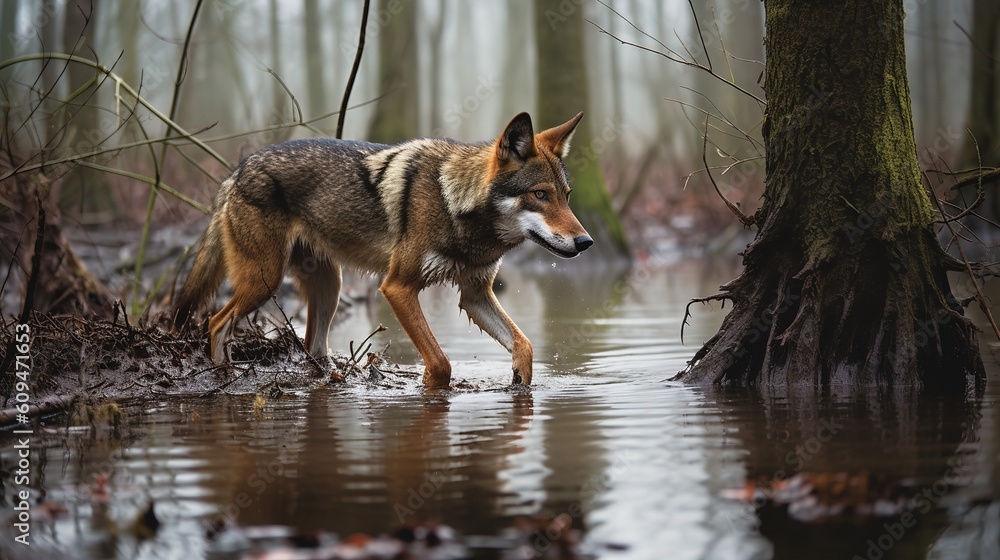 Obraz premium Red Wolf's Patrol in the American Swamp Land