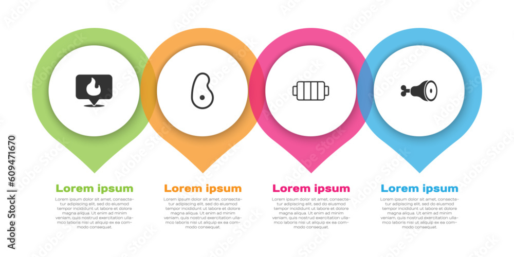 Set Location with fire flame, Steak meat, Barbecue grill and Chicken leg. Business infographic template. Vector Set Location with fire flame, Steak meat, Barbecue grill and Chicken leg. Business infographic template. Vector