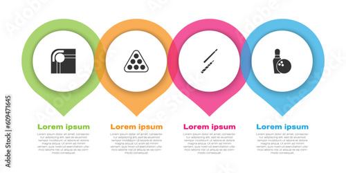 Set Billiard table, balls in rack triangle, cue and Bowling pin and. Business infographic template. Vector