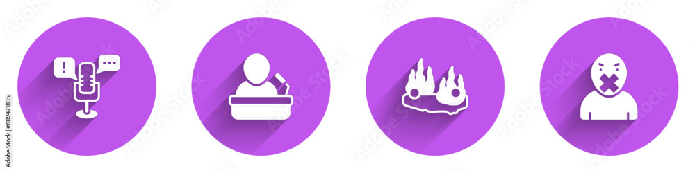 Set Freedom of speech, Speaker, Burning car and Censor and freedom icon with long shadow. Vector Set Freedom of speech, Speaker, Burning car and Censor and freedom icon with long shadow. Vector
