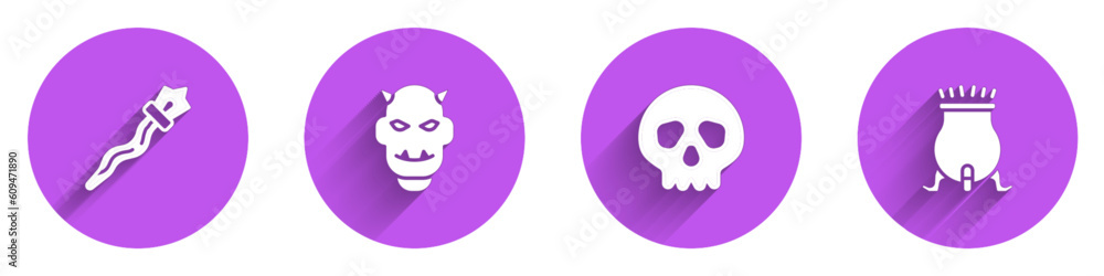 Set Magic staff, Mask of the devil with horns, Skull and Witch cauldron icon with long shadow. Vector Set Magic staff, Mask of the devil with horns, Skull and Witch cauldron icon with long shadow. Vector