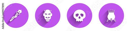 Set Magic staff, Mask of the devil with horns, Skull and Witch cauldron icon with long shadow. Vector