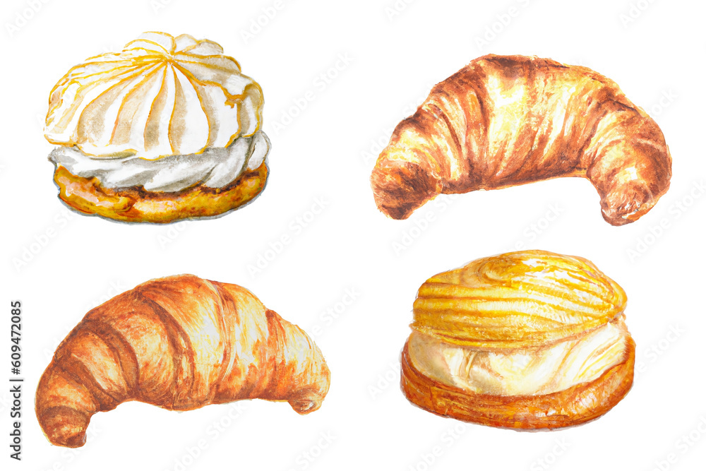 Watercolor croissant and sweet bakery collection. generative ai