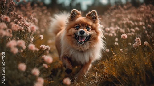 Pomeranian's Joyous Romp in a Flower Meadow