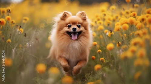 Pomeranian's Joyous Romp in a Flower Meadow © VisualMarketplace