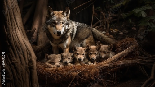 Wolf Pack's Tender Moment with Newborn Pups