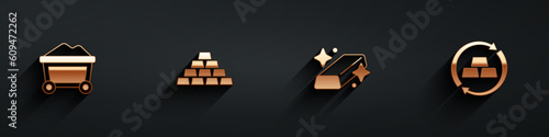 Set Mine cart with gold, Gold bars, and exchange money icon with long shadow. Vector