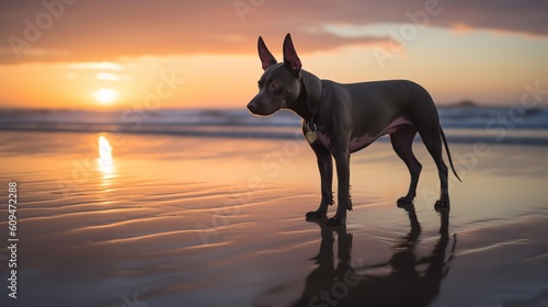 Peruvian Hairless Dog's Sunset Stroll on the Pacific Beach © VisualMarketplace