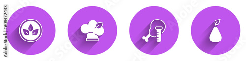 Set Vegan food diet, Genetically modified chicken and Pear icon with long shadow. Vector