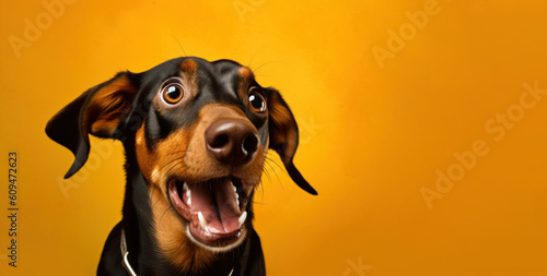 Surprised dachshund dog on solid yellow background  looking to side at copy space. AI generative
