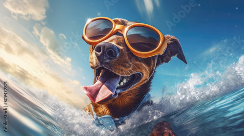 A happy dog in sunglasses swims in the sea. Horizontal banner. The concept of a summer holiday by the sea. 