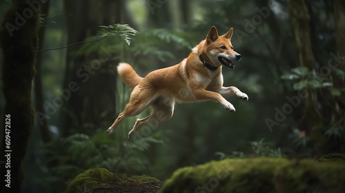 Obraz na płótnie Kai Ken's Bold Leap in the Japanese Forest w salonie