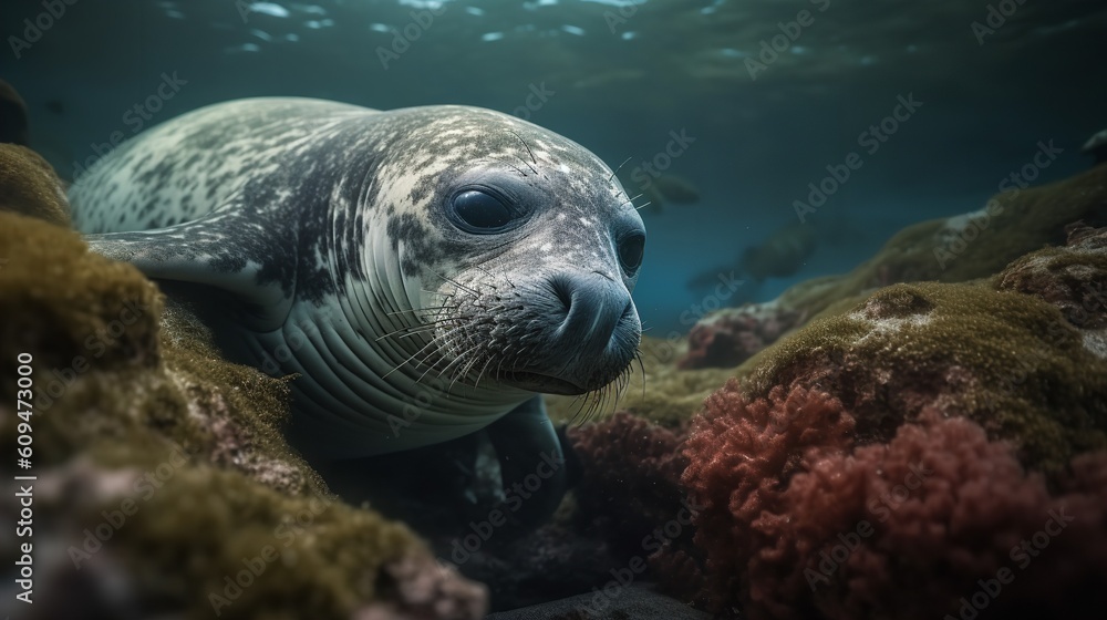Fototapeta premium The Final Caribbean Monk Seal on the Coral Reef