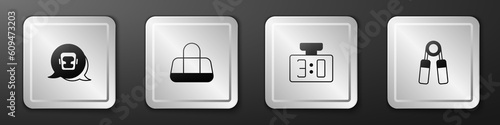 Set Boxing helmet, Sport bag, mechanical scoreboard and expander icon. Silver square button. Vector