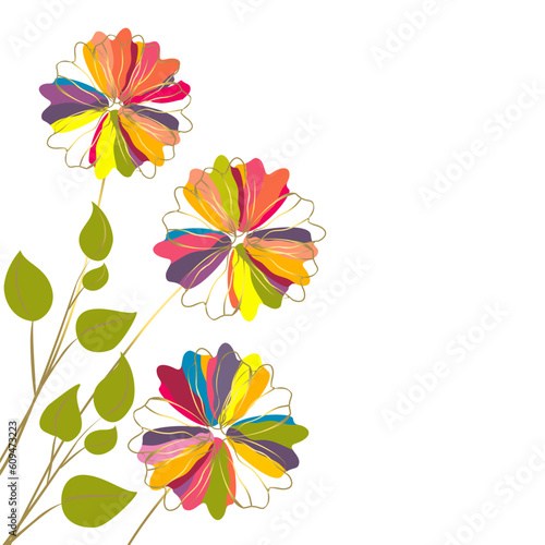 Flowers. Floral background. A beautiful bouquet of colorful flowers. Green leaves. Isolated. Vector illustration. Drawing.