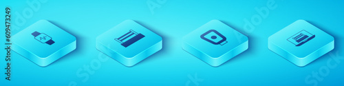 Set Isometric Smart watch with heart, Boxing ring, and training paws icon. Vector