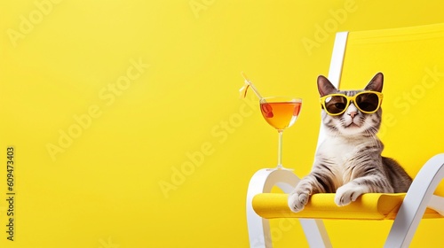 Cat is on summer vacation.  Banner for summer rest. Banner for travel agency . Generative AI	