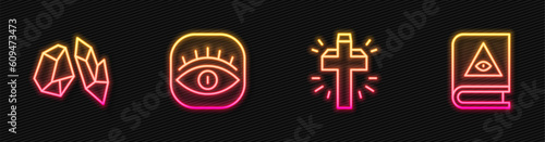 Set line Christian cross, Magic stone, Masons and Ancient magic book. Glowing neon icon. Vector