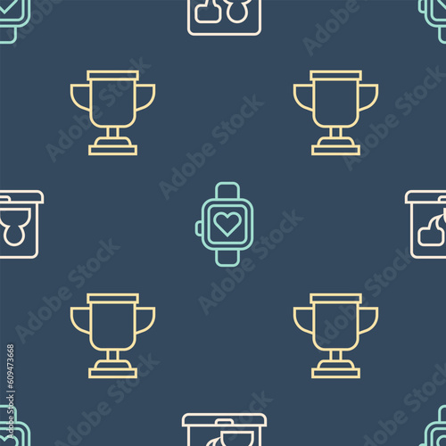 Set line Online education, Award cup and Smart watch on seamless pattern. Vector