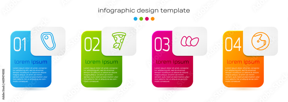 Set line Steak meat, Vegan pizza slice, Chicken egg and Pig. Business infographic template. Vector Set line Steak meat, Vegan pizza slice, Chicken egg and Pig. Business infographic template. Vector
