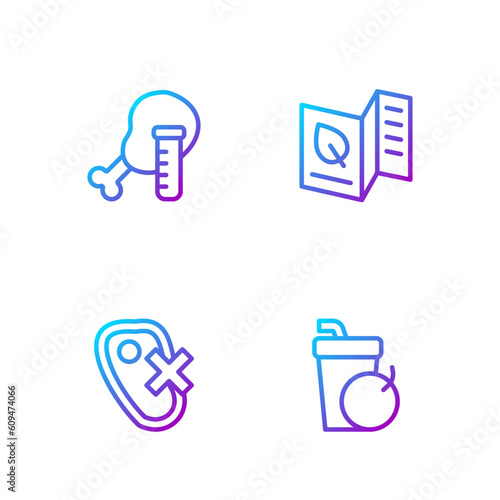 Set line Fresh smoothie, No meat, Genetically modified chicken and Vegetarian food menu. Gradient color icons. Vector