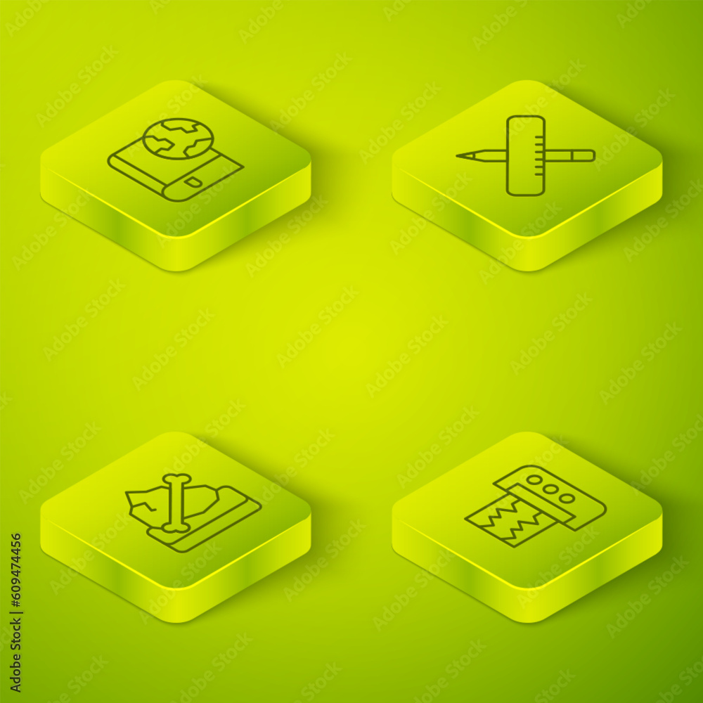 Set Isometric line Crossed ruler and pencil, Archeology, Seismograph and Earth globe book icon. Vector Set Isometric line Crossed ruler and pencil, Archeology, Seismograph and Earth globe book icon. Vector