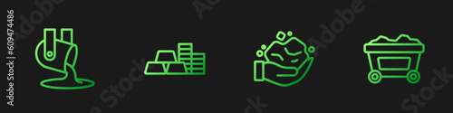 Set line Gold nugget, Molten gold being poured, coin with bars and Mine cart. Gradient color icons. Vector