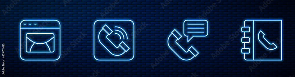 Set line Telephone conversation, Mail and e-mail, handset and Phone book. Glowing neon icon on brick wall. Vector Set line Telephone conversation, Mail and e-mail, handset and Phone book. Glowing neon icon on brick wall. Vector