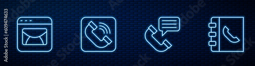 Set line Telephone conversation, Mail and e-mail, handset and Phone book. Glowing neon icon on brick wall. Vector