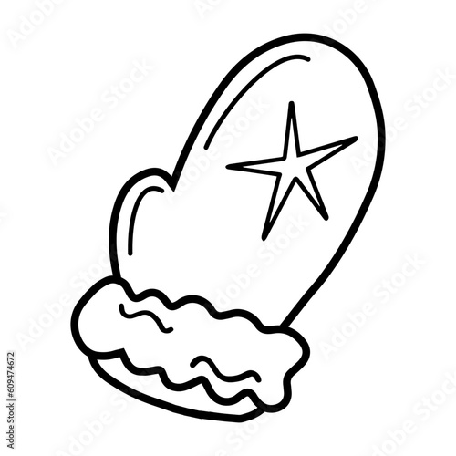 Outline illustration of mitten with star. Winter clothing elements in doodle style