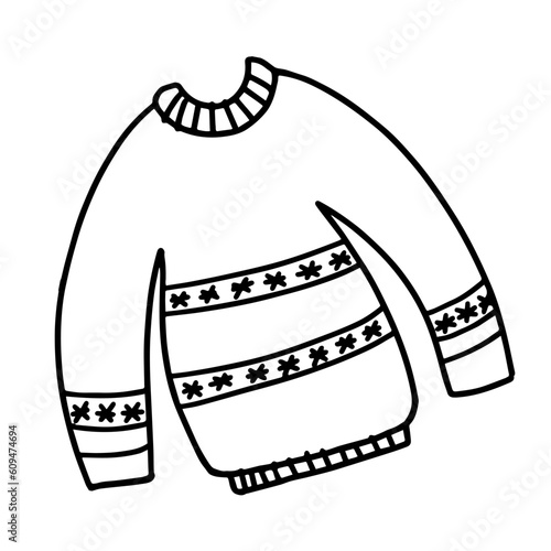 Hand drawn outline illustration of christmas sweater. Festive element in doodle style