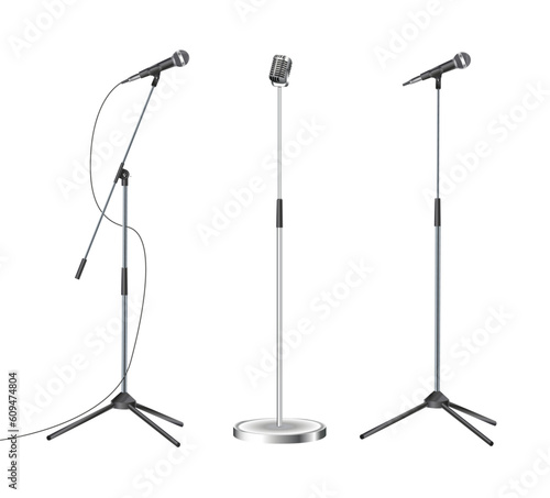 Stand with modern microphone on white background