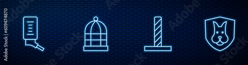 Set line Cat scratching post with toy, Drinker for small pets, Cage birds and Animal health insurance. Glowing neon icon on brick wall. Vector