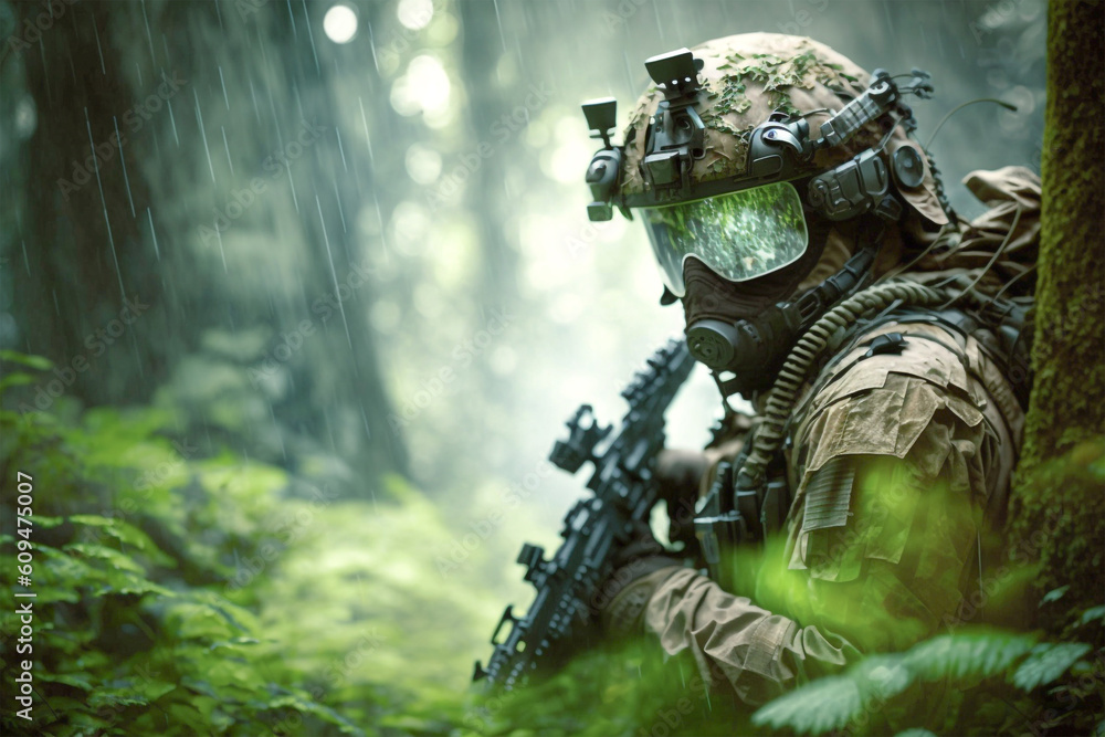 Fototapeta premium A soldier wearing a camouflage suit with a gun in hand forest in background generative ai