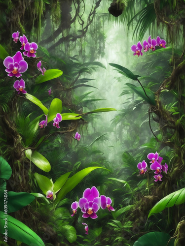 Orchid in green jungle  Generative AI Illustration.