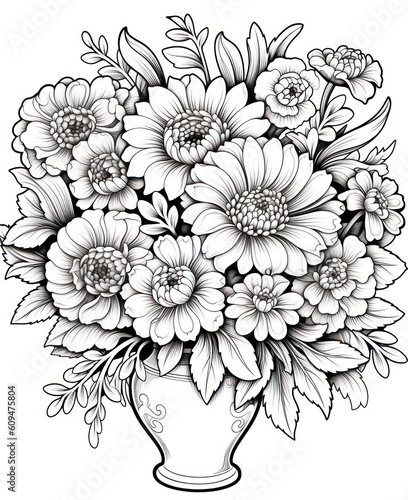 Blooming Beauties  Flowers Bouquet in Vase Coloring Page  Generative AI