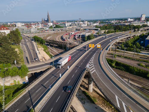 Aerial View of Ulm with railway station. Summer cityscape. South Germany. Baden Wurttemberg