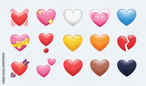 Iphone Whatsapp Heart Emojis set Isolated on White Background. Love symbol. red white yellow purple green blue black brown emoji. Valentine's day. love hearts collections