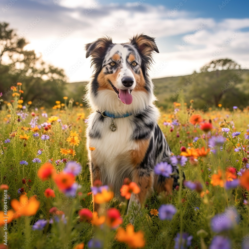 Stunning Australian Shepherd in a Field of Wildflowers
