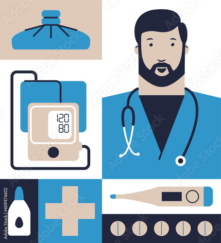Medical examination and diagnosis. At the reception of a young doctor. Modular flat style illustration. Ice for medical cooling. Tablets for migraine. Tomograph for measuring pressure.