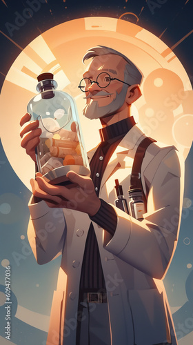 An elder male scientist holding a bottle or glass jar full of medicine. In the style of digital painting. Generative AI