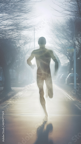 A silhouette of a man running on a road, enveloped in fog. Generative AI