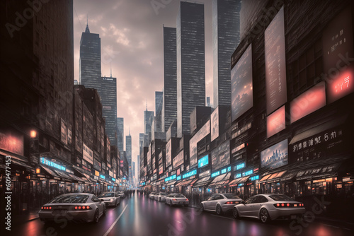 Modern city streets at night  skyscrapers and street lights  traffic and people. Generative AI.